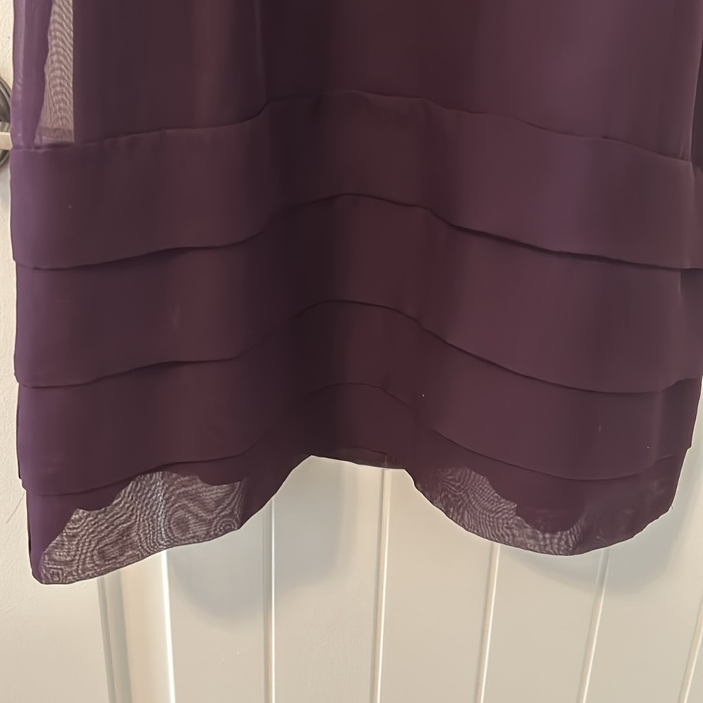 Women deep purple front ruffled dress w/bottom pleats. - Picture 3 of 8